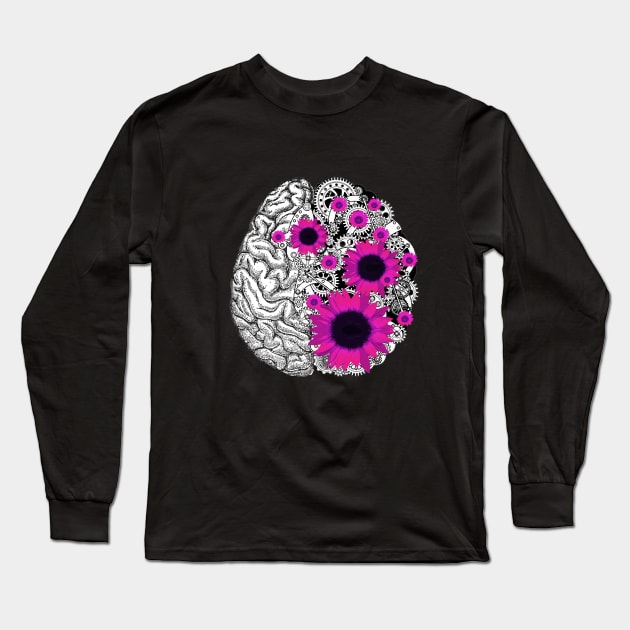 Brain human anatomy,pink sunflowers, mental Long Sleeve T-Shirt by Collagedream